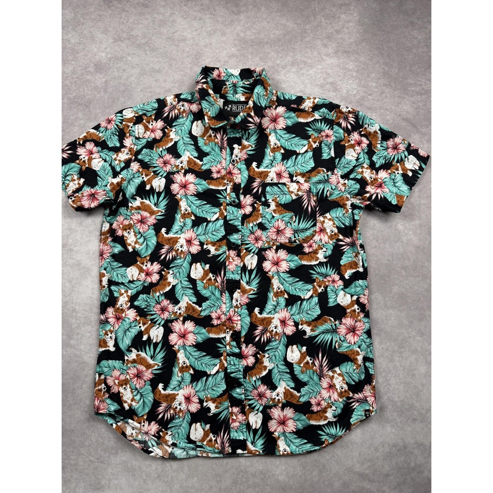 Rude Shirt Mens Medium Black Hawaiian Corgi Floral Button Up Short Sleeve Cotton